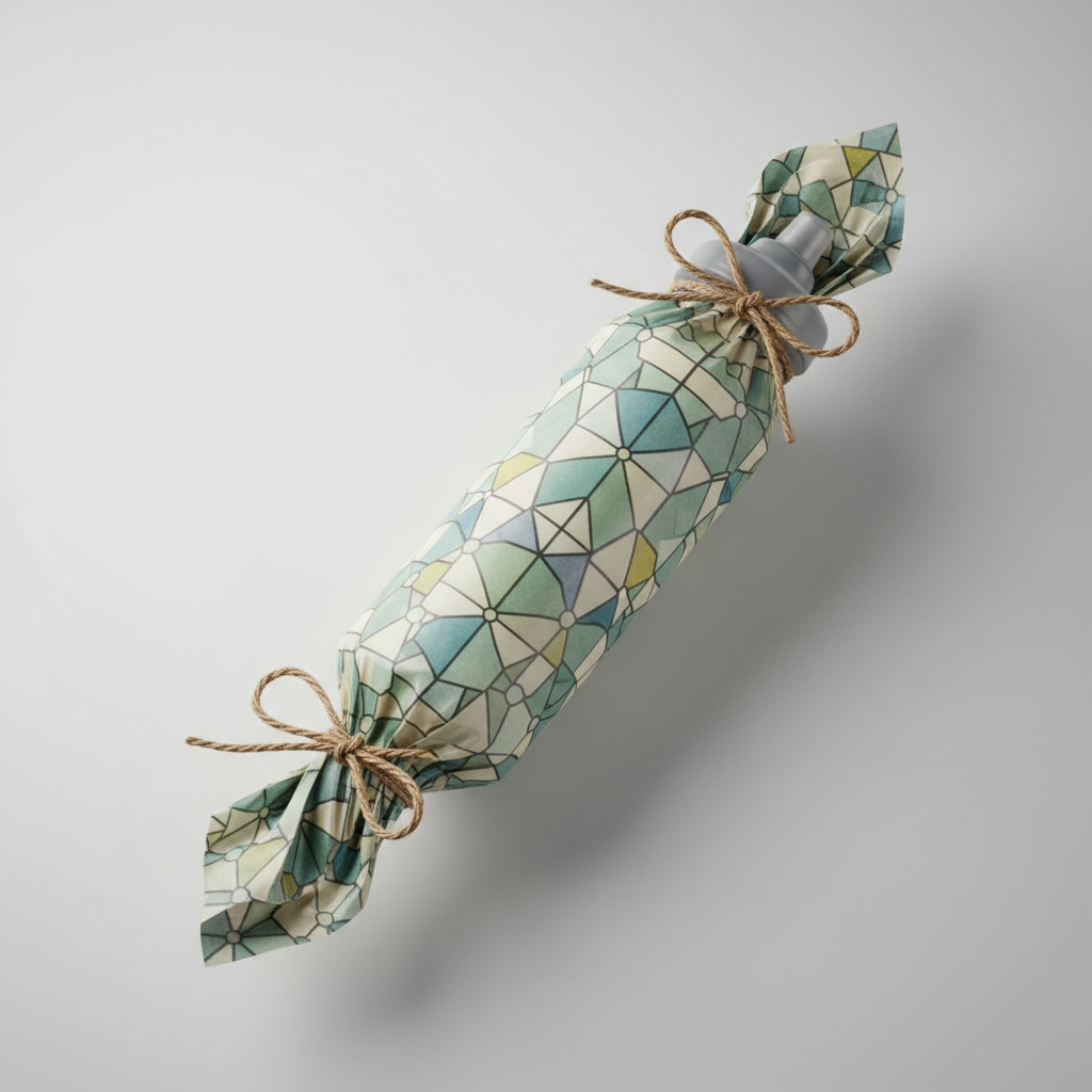 Candy-style tube wrapping for a cycling water bottle gift using patterned paper and twine