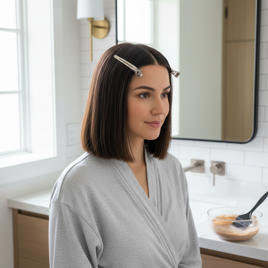 Sectioning dark hair into four quadrants for at-home hair dye application