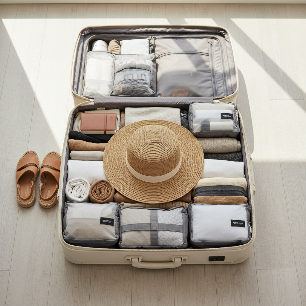 Using a rolled-clothes ring to protect a wide-brim hat in a suitcase