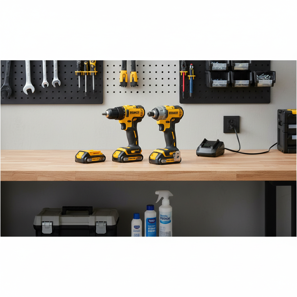 Cordless drill and impact driver combo kit on a garage workbench