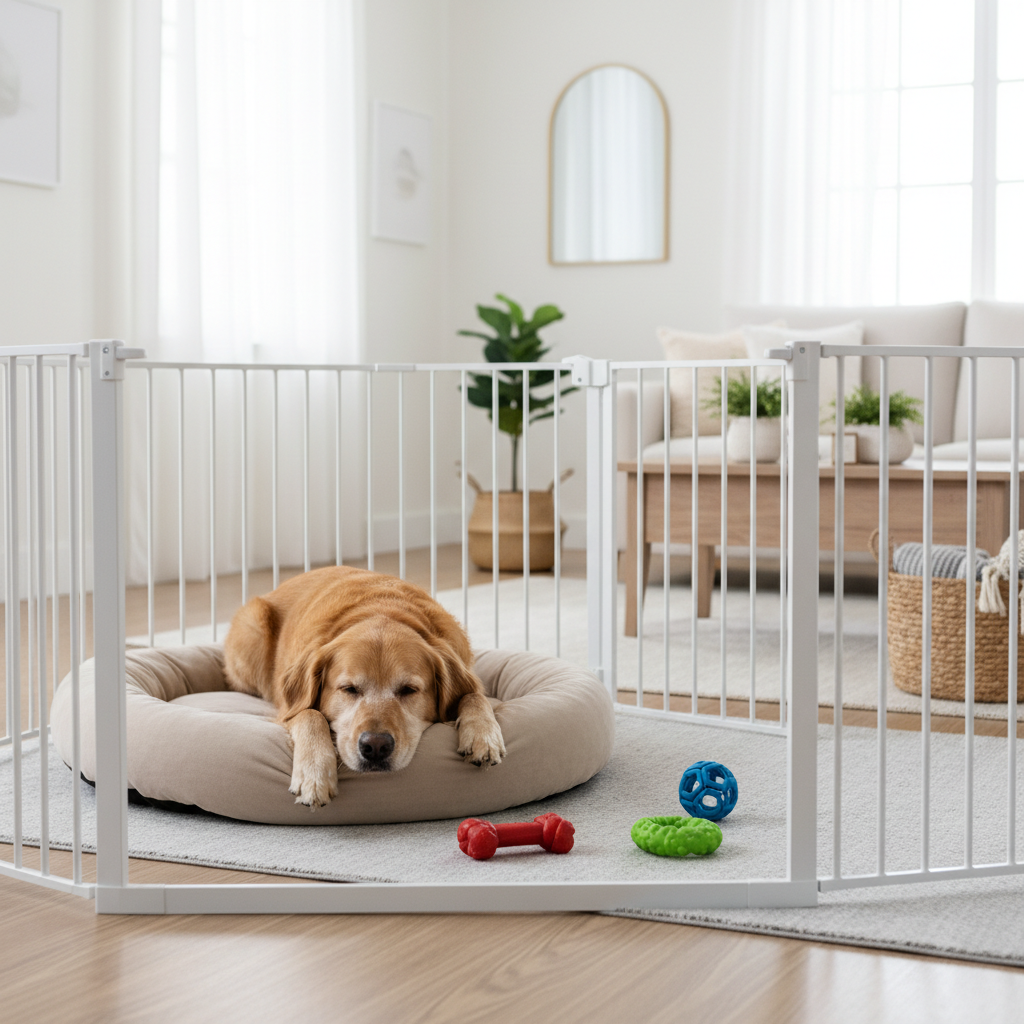 Dog behind a baby gate with chew toys in a safe area