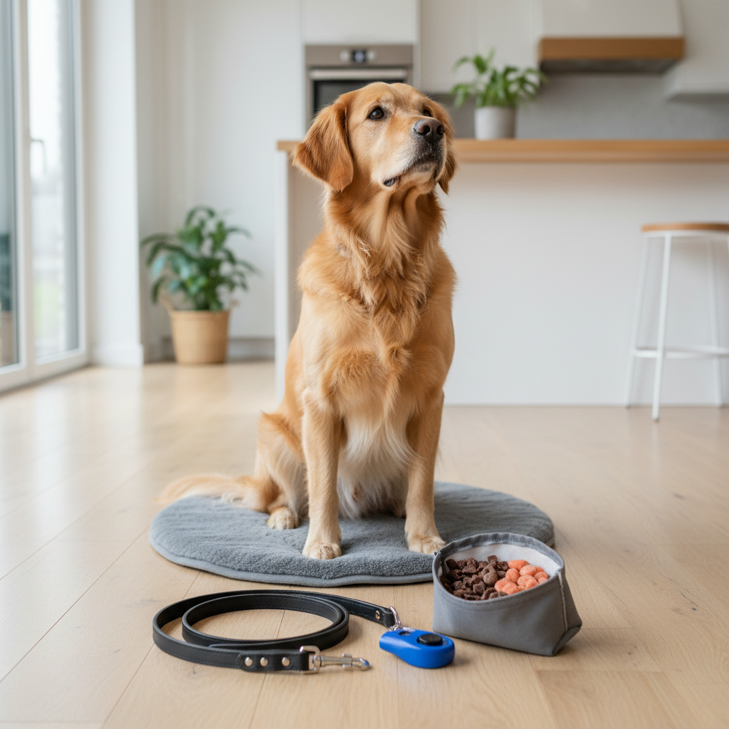 Dog training setup with high-value treats and leash for leave-it practice