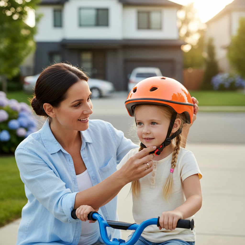 Parent adjusting a kids bike helmet for a snug, level fit