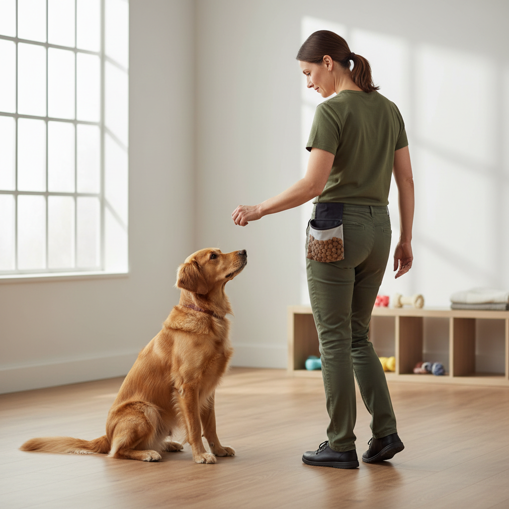 Trainer rewarding a dog for holding a stay while stepping back in a quiet room