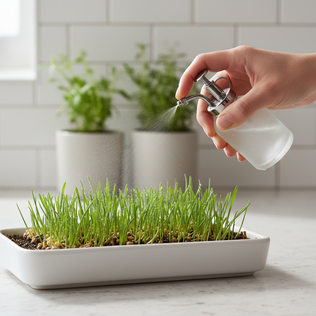 Hands watering a small indoor cat grass tray with a spray bottle