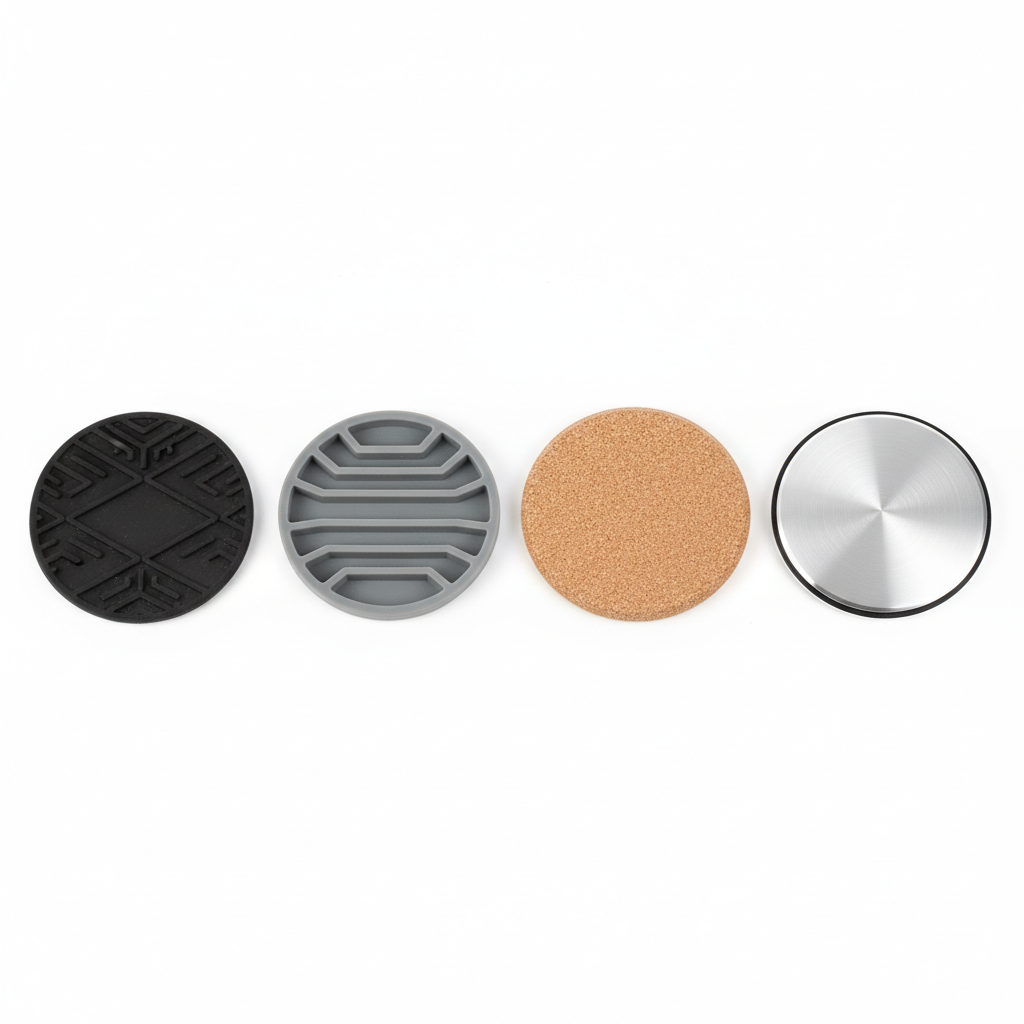 Different materials for car cup holder coasters: silicone, cork, rubber, metal
