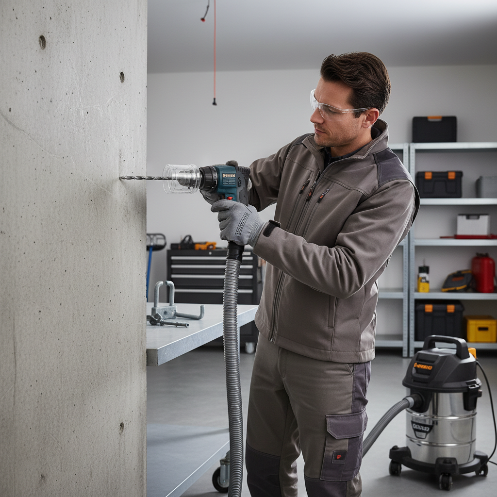 Drilling into concrete wall with masonry bit for bike hook installation