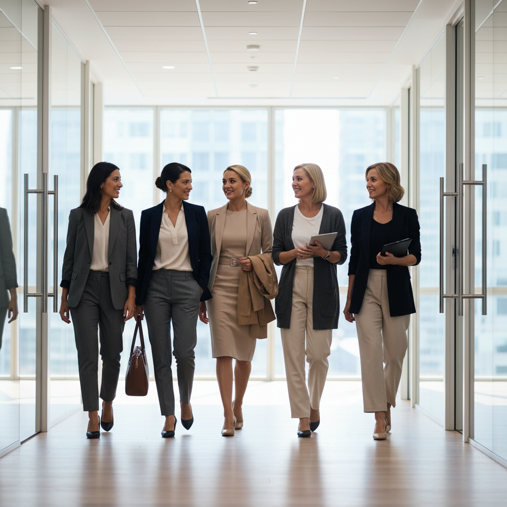 Professional women business attire in a modern office setting