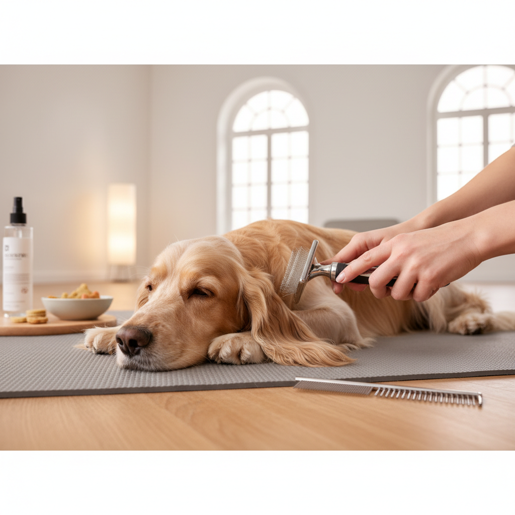 Grooming session with slicker brush and metal comb on a long-haired dog