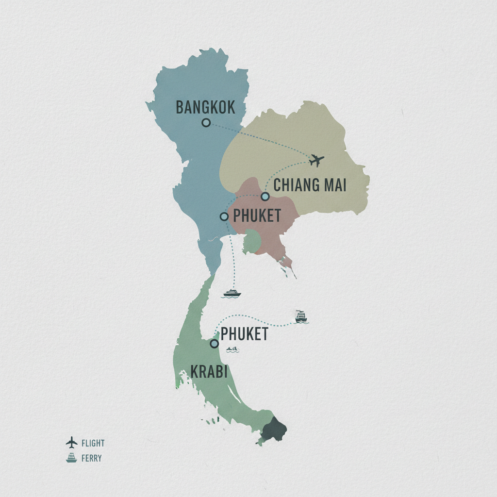 Thailand trip planning map with Bangkok, Chiang Mai, and Phuket highlighted