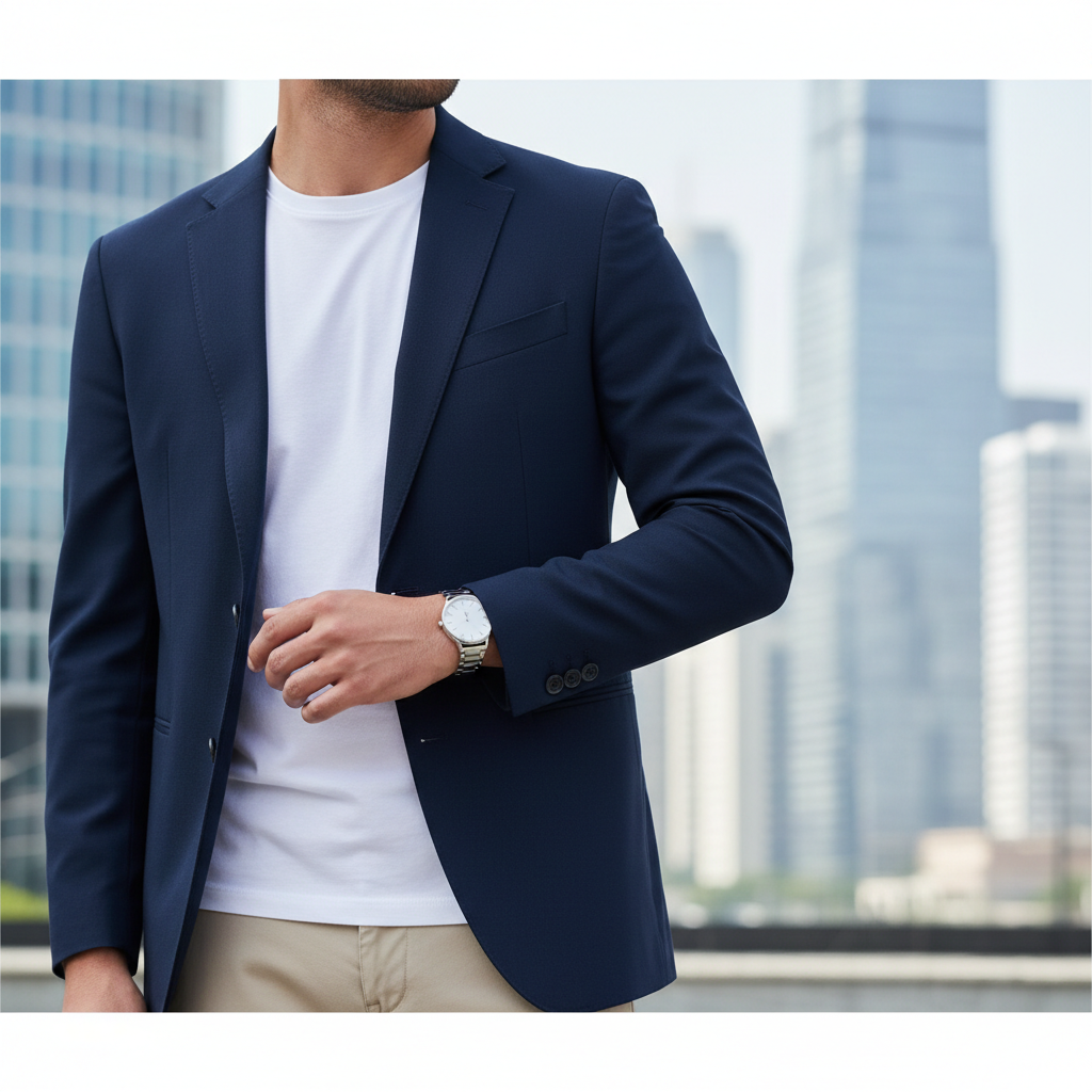 Smart casual blazer outfit with a slim watch under the cuff