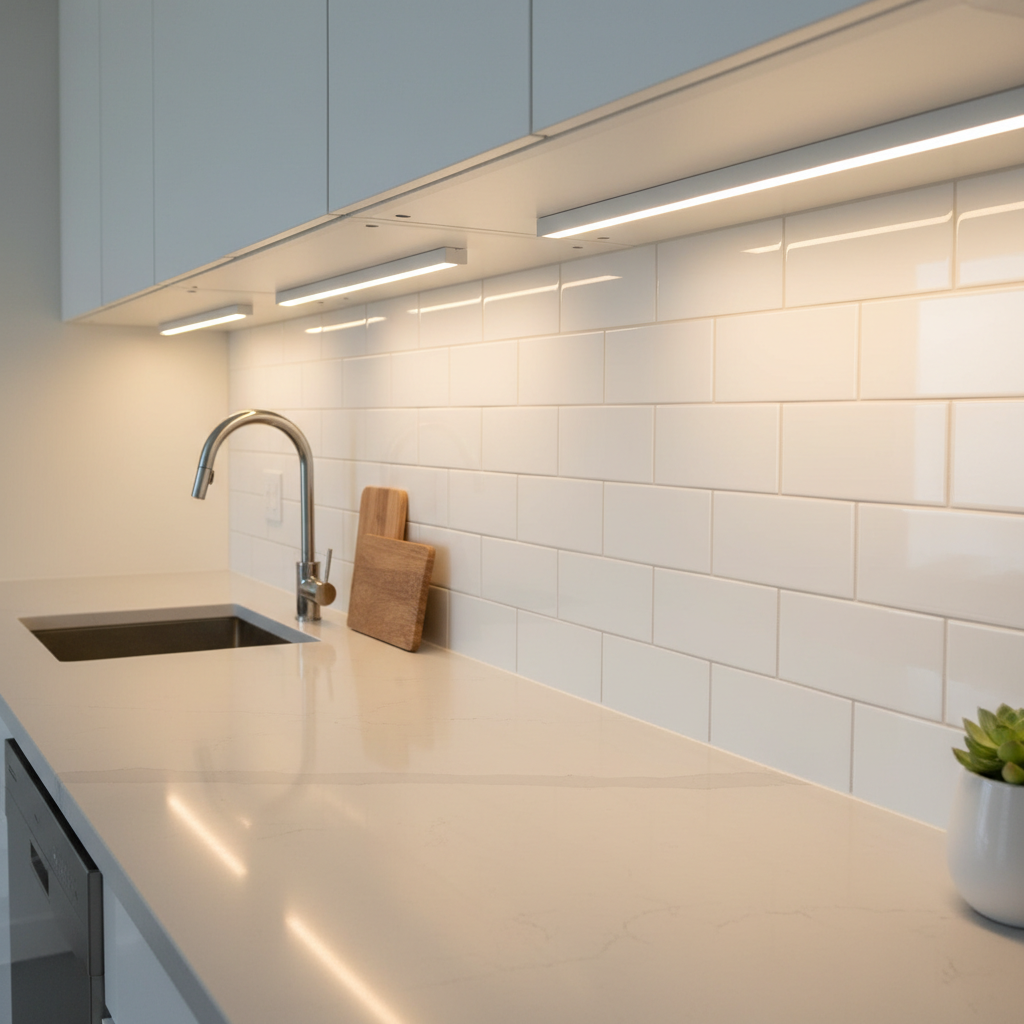 Under cabinet lighting in a rental kitchen using stick-on LED bars