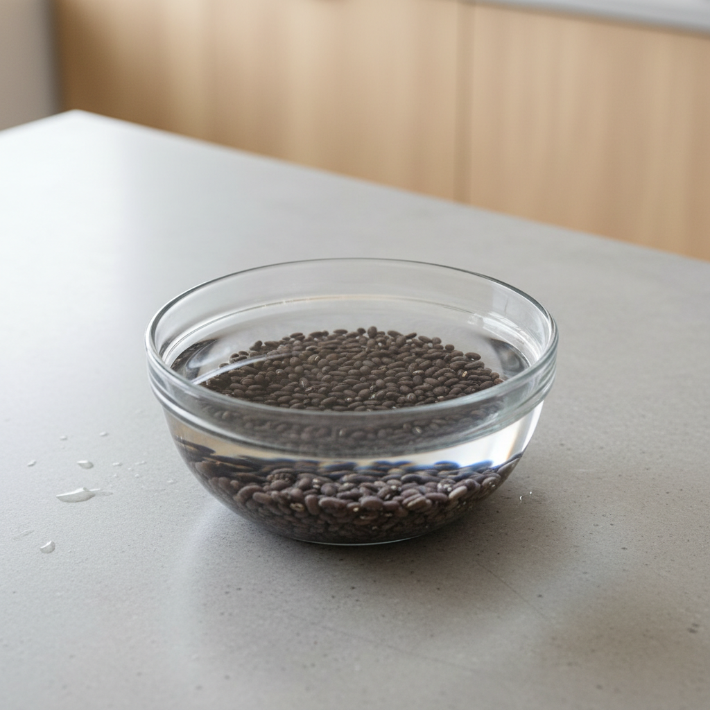 Whole urad dal soaking in a glass bowl with water in a home kitchen