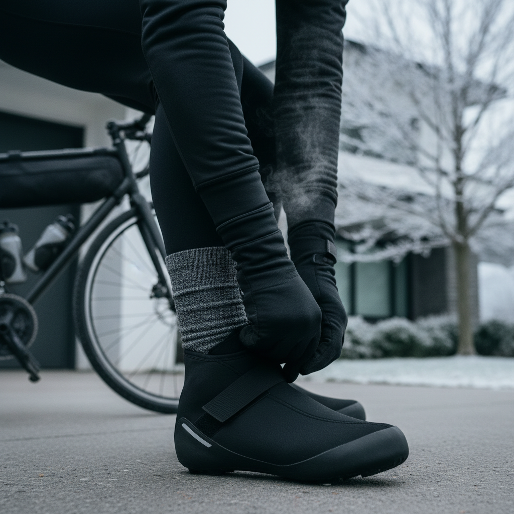 Winter cyclist checking shoe covers and warm socks before a cold ride