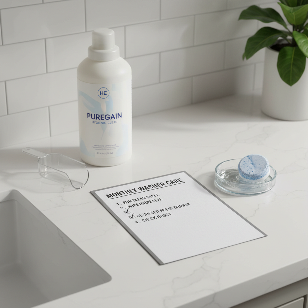 Monthly washing machine cleaning checklist on a laundry room counter
