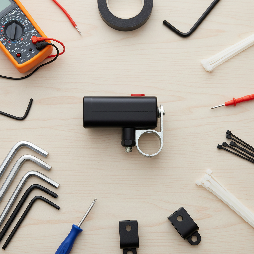 Tools for installing an electric bike horn: zip ties, hex keys, tape, multimeter