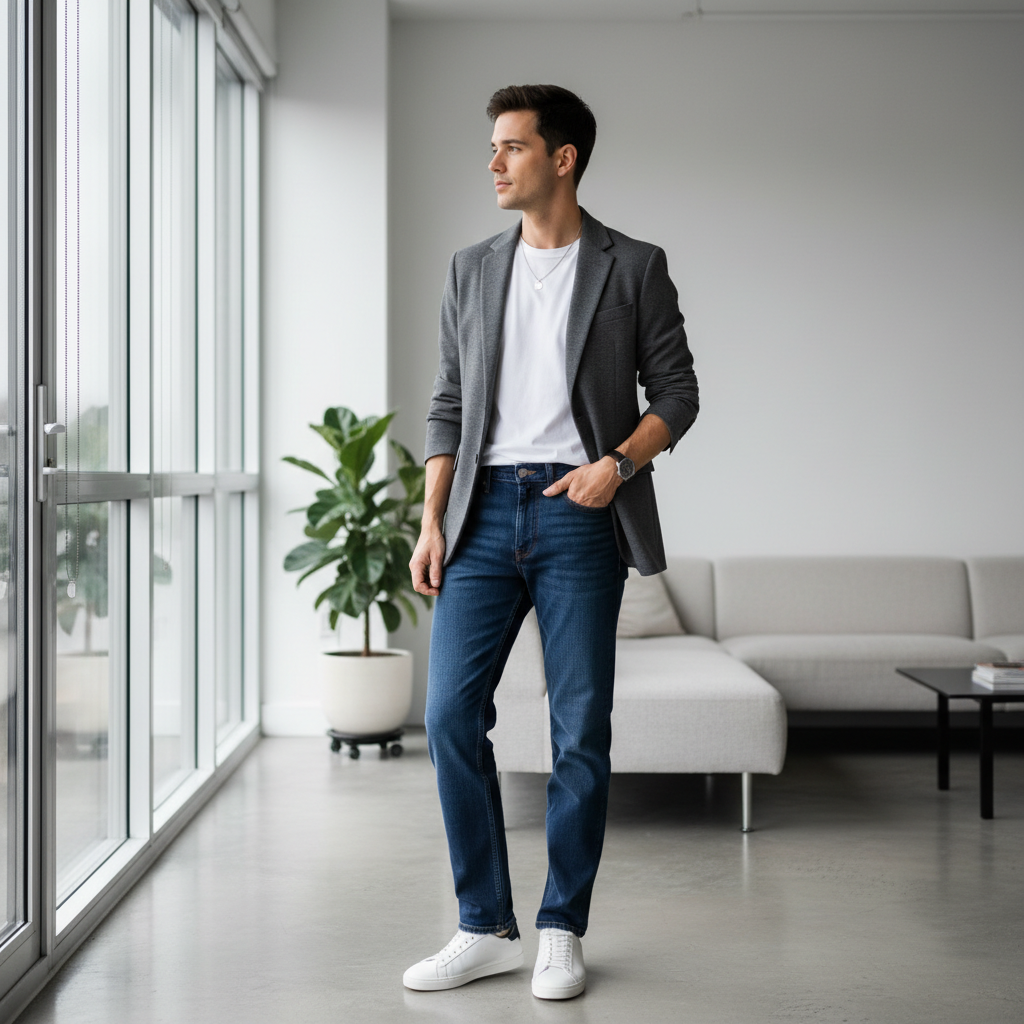 Simple outfit formula with neutral tones and one statement layer