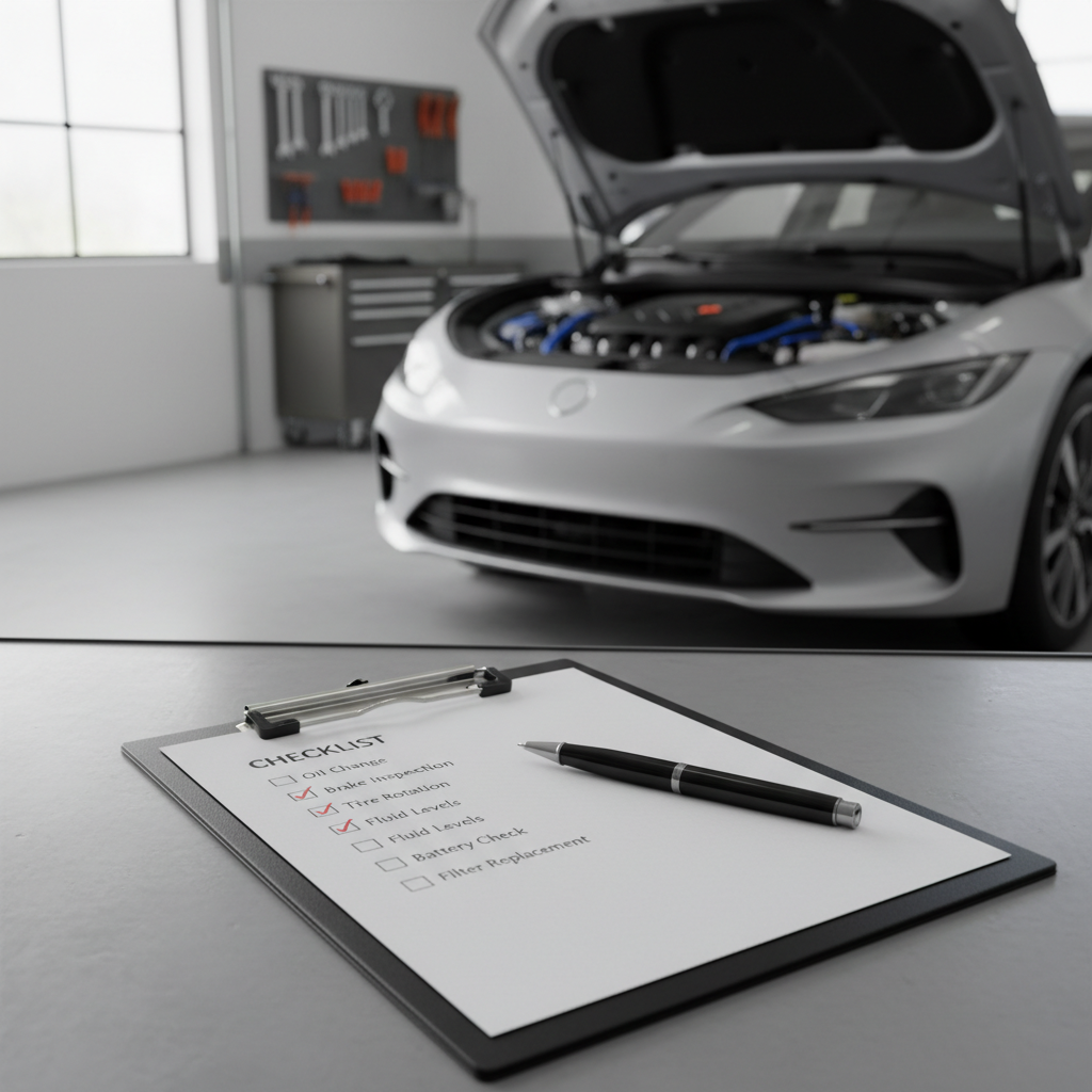 Car maintenance checklist on a clipboard beside an engine bay