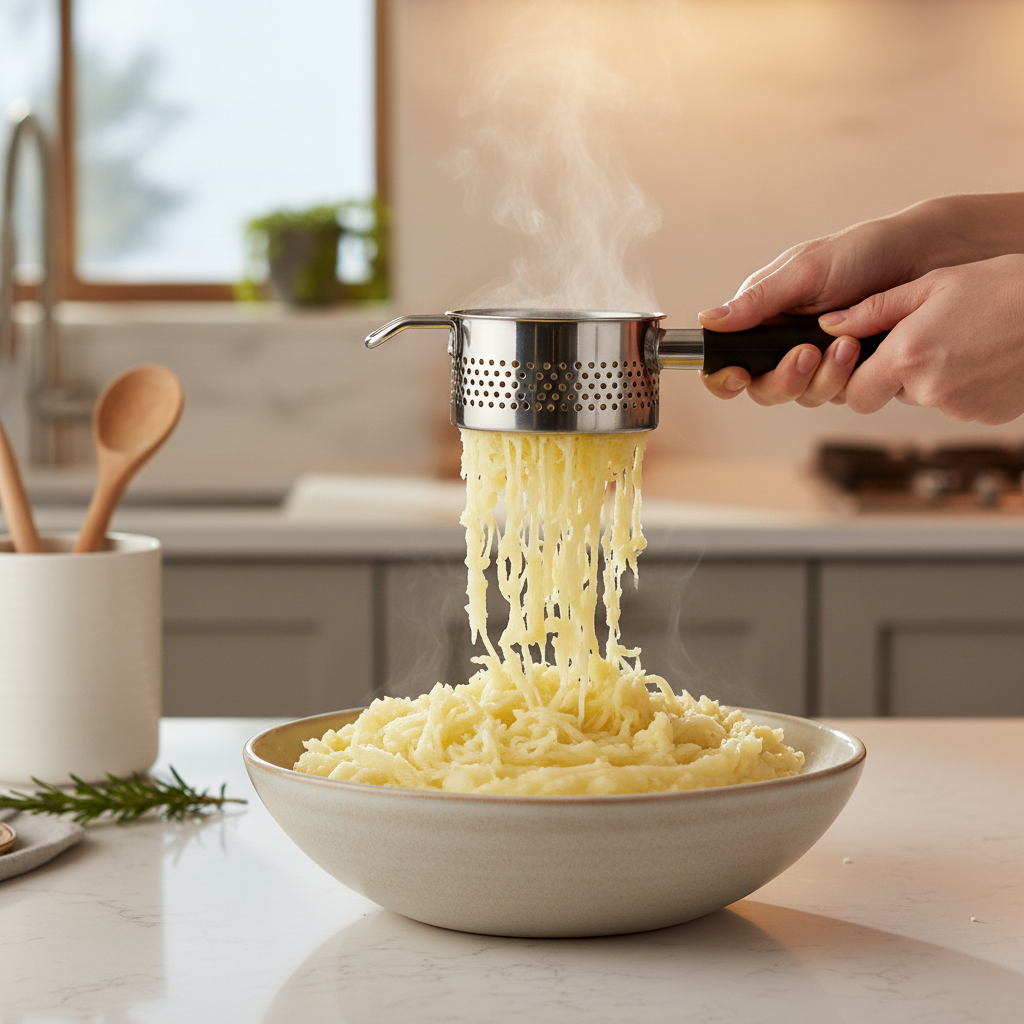 Mashed potatoes being pressed through a potato ricer for a smooth texture