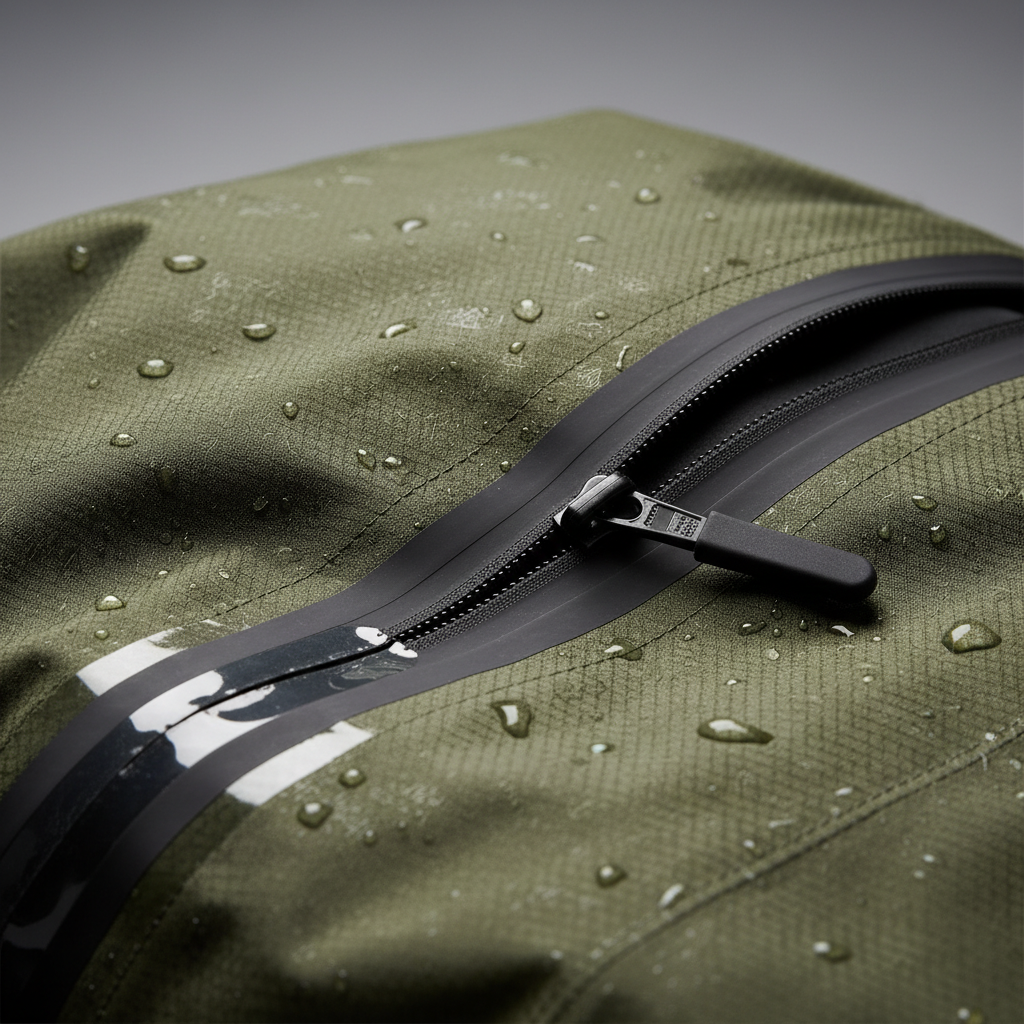 Close-up of taped seams and waterproof fabric on cycling rain pants