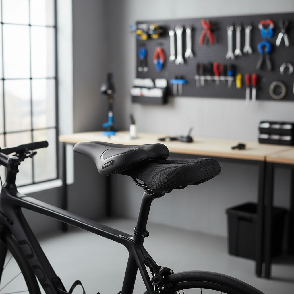 Cyclist comparing gel and foam bike seat covers on a road bike saddle
