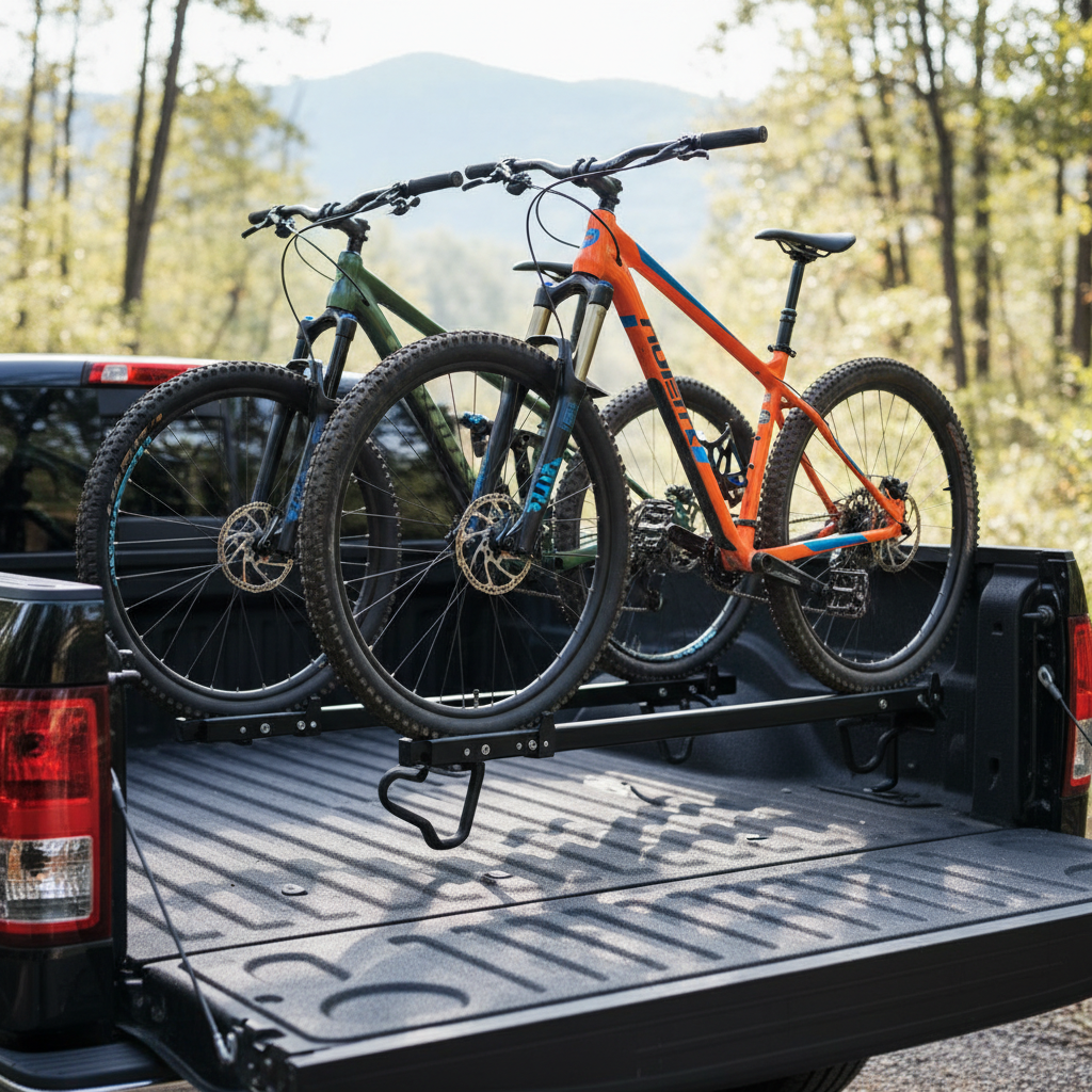Pickup truck bed with two mountain bikes secured using a fork mount bike rack