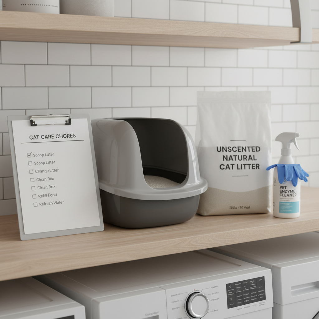 Checklist on clipboard next to litter box and cleaning supplies in a home