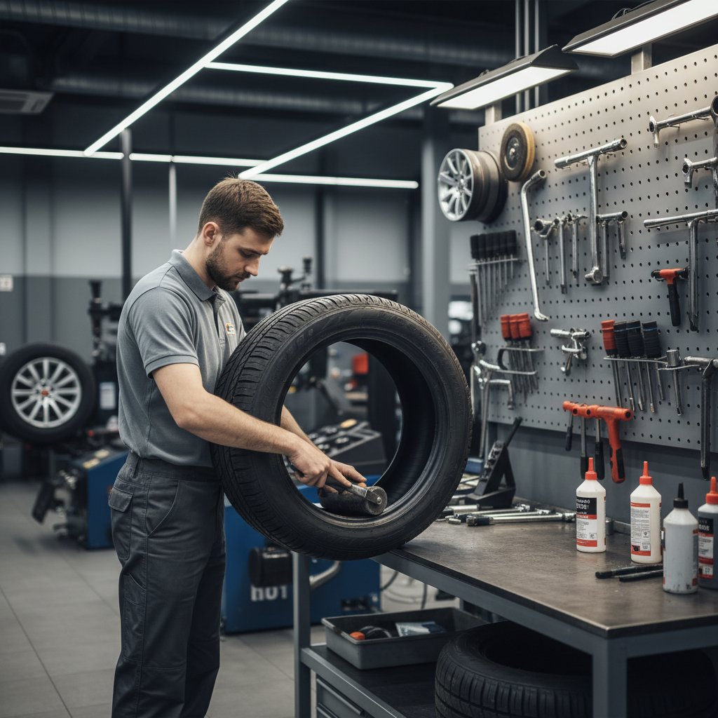 Technician applying an internal patch to a tire on a workbench in an auto shop