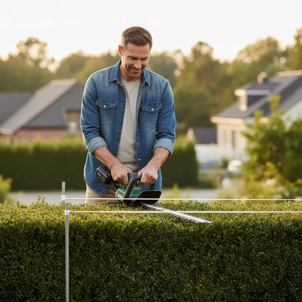 Homeowner using a cordless hedge trimmer with a string line guide for an even hedge