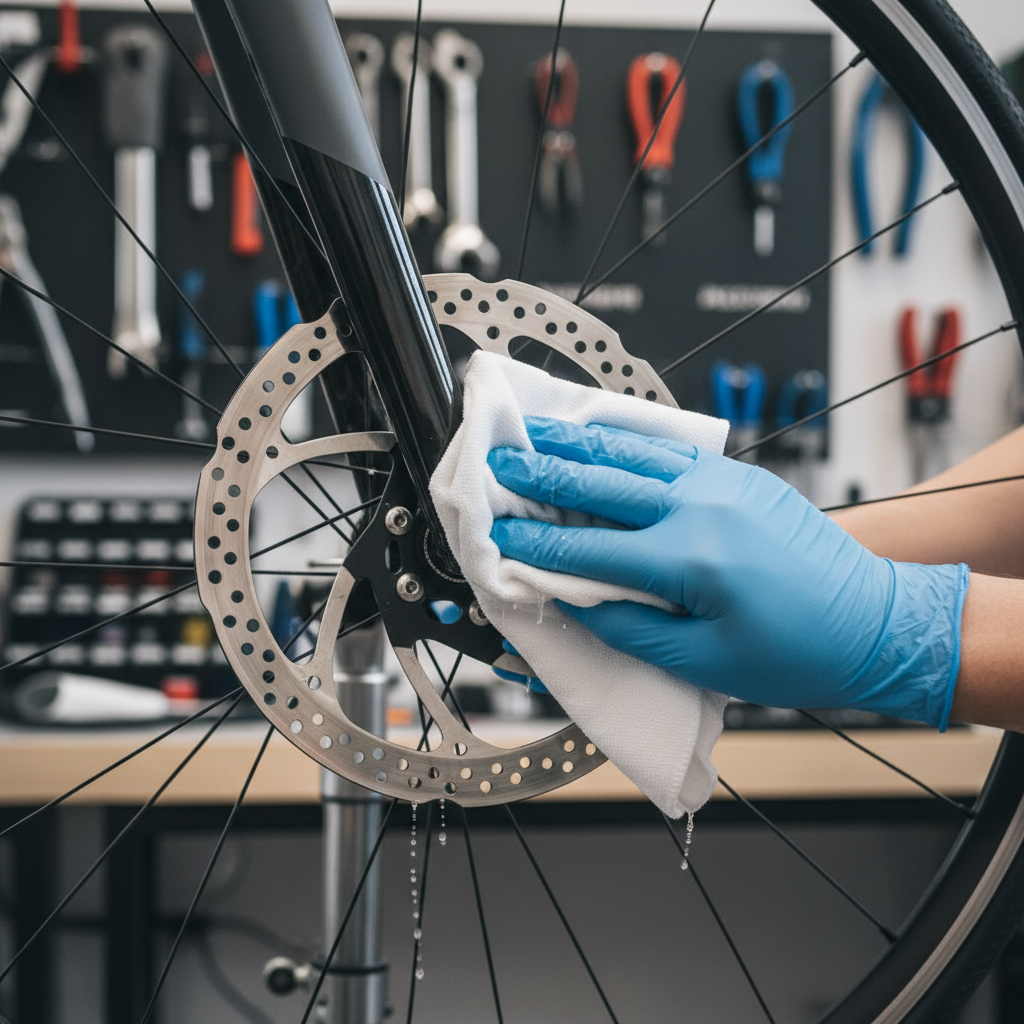 Wiping a bicycle disc brake rotor with isopropyl alcohol to prevent contamination