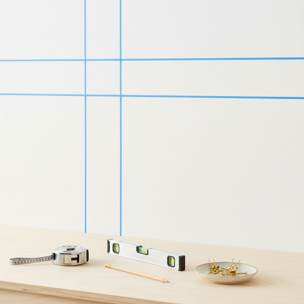 Painter’s tape and measuring tools used to mark picture hanging points on a wall