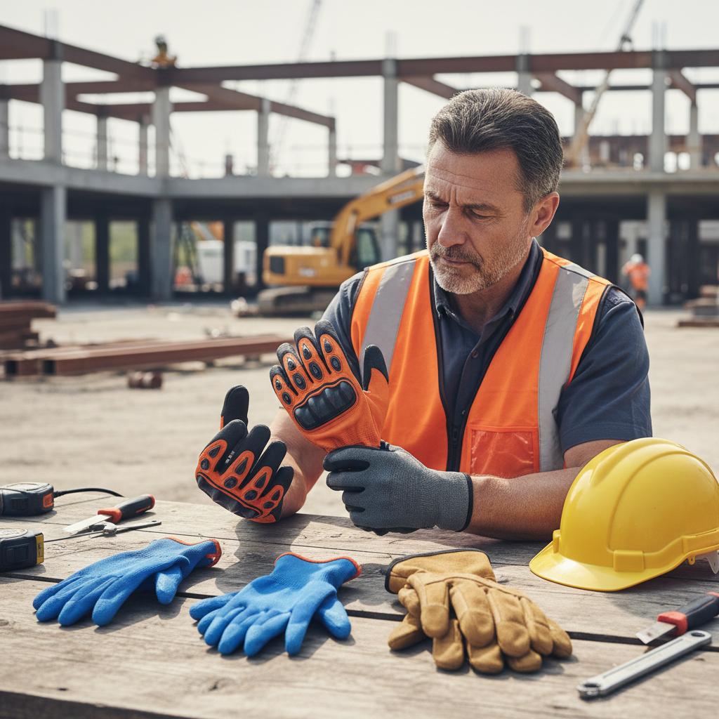 Construction worker choosing work gloves for jobsite tasks