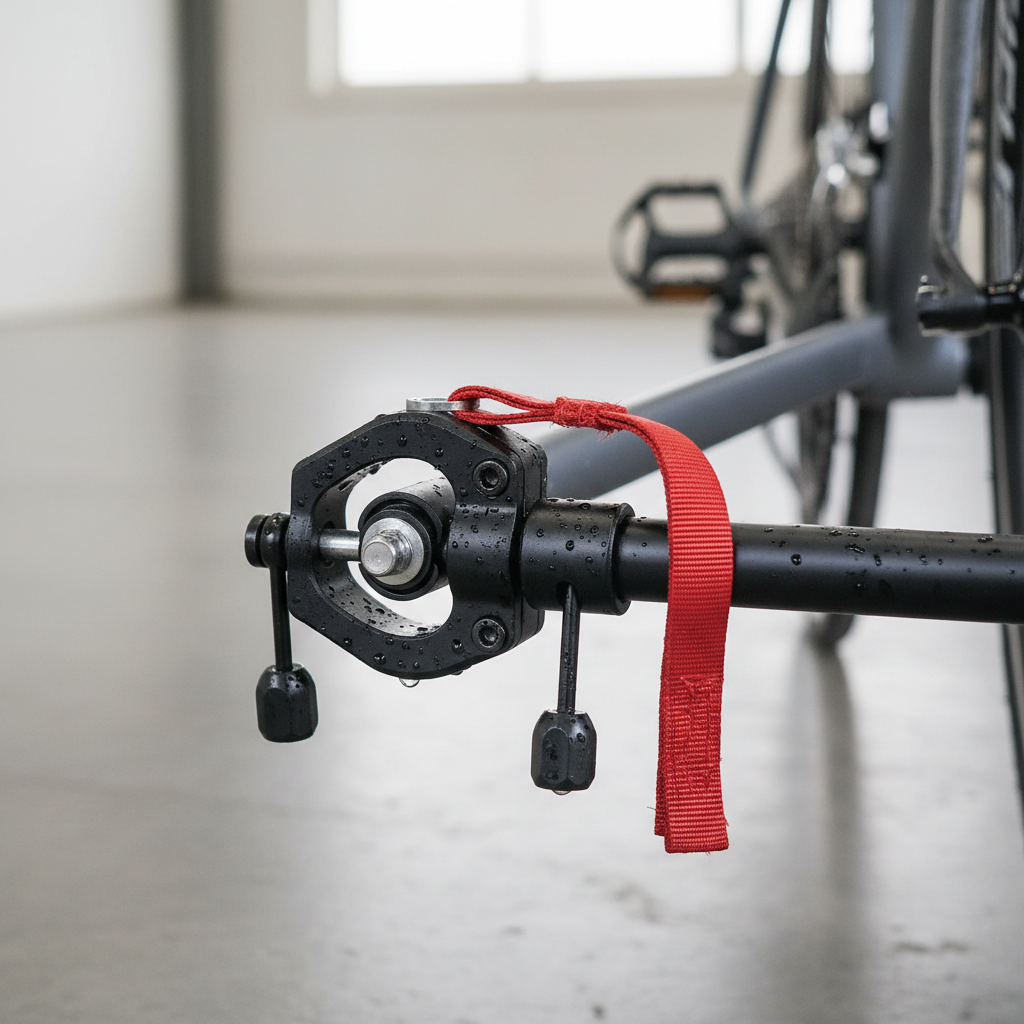 Close-up of a bike trailer hitch attached to a rear axle with safety strap