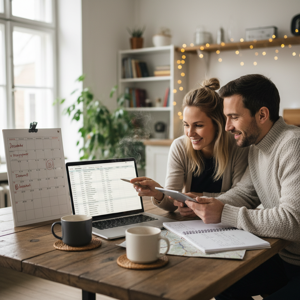 Couple comparing winter travel options on laptop with notes and calendar