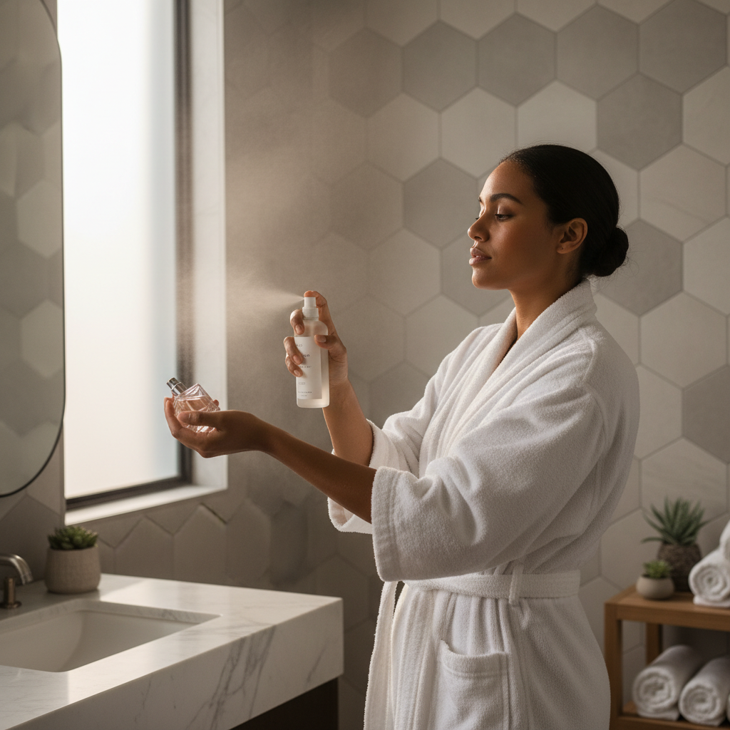 Applying body mist after shower and perfume on pulse points for layering