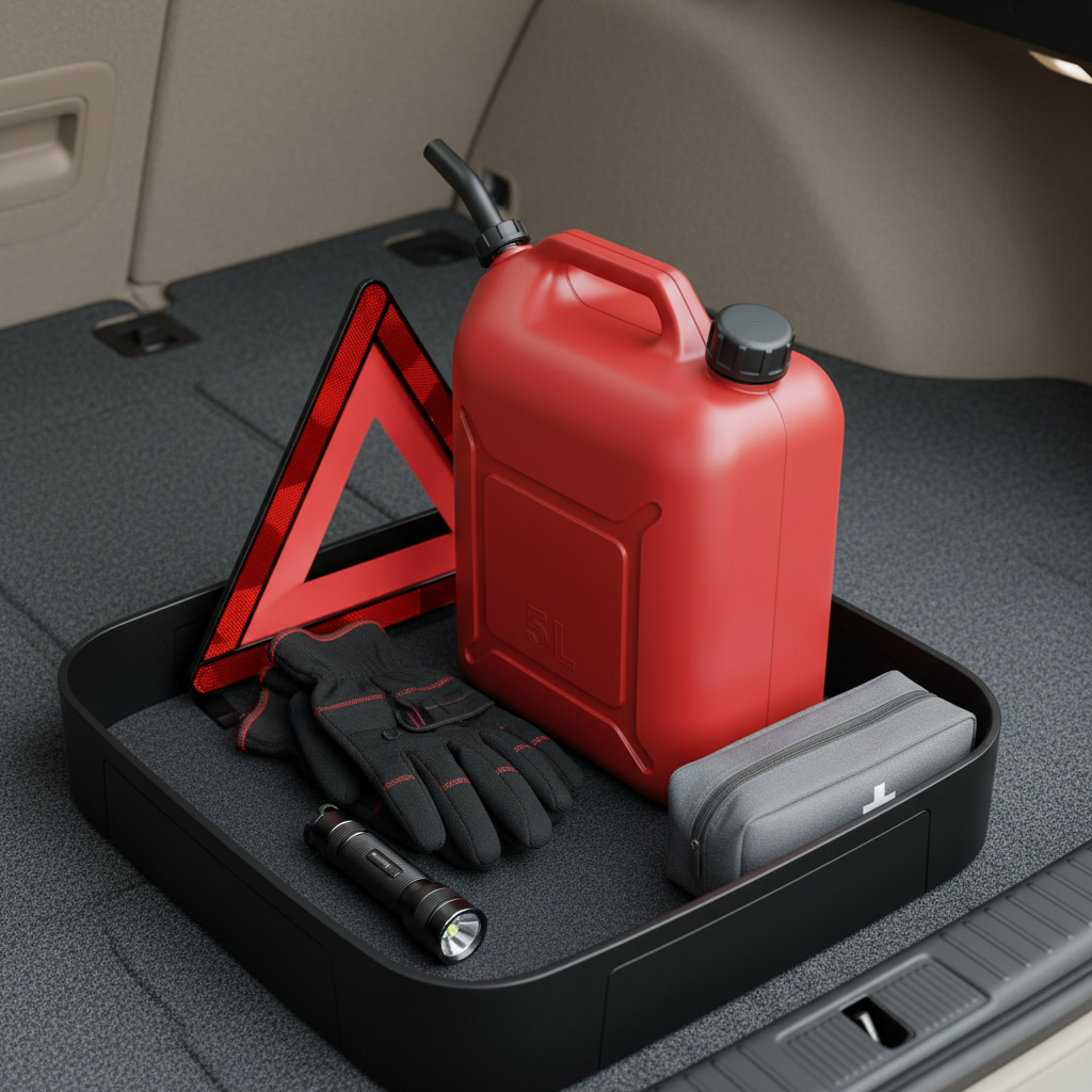 5L portable fuel canister in a car trunk emergency kit