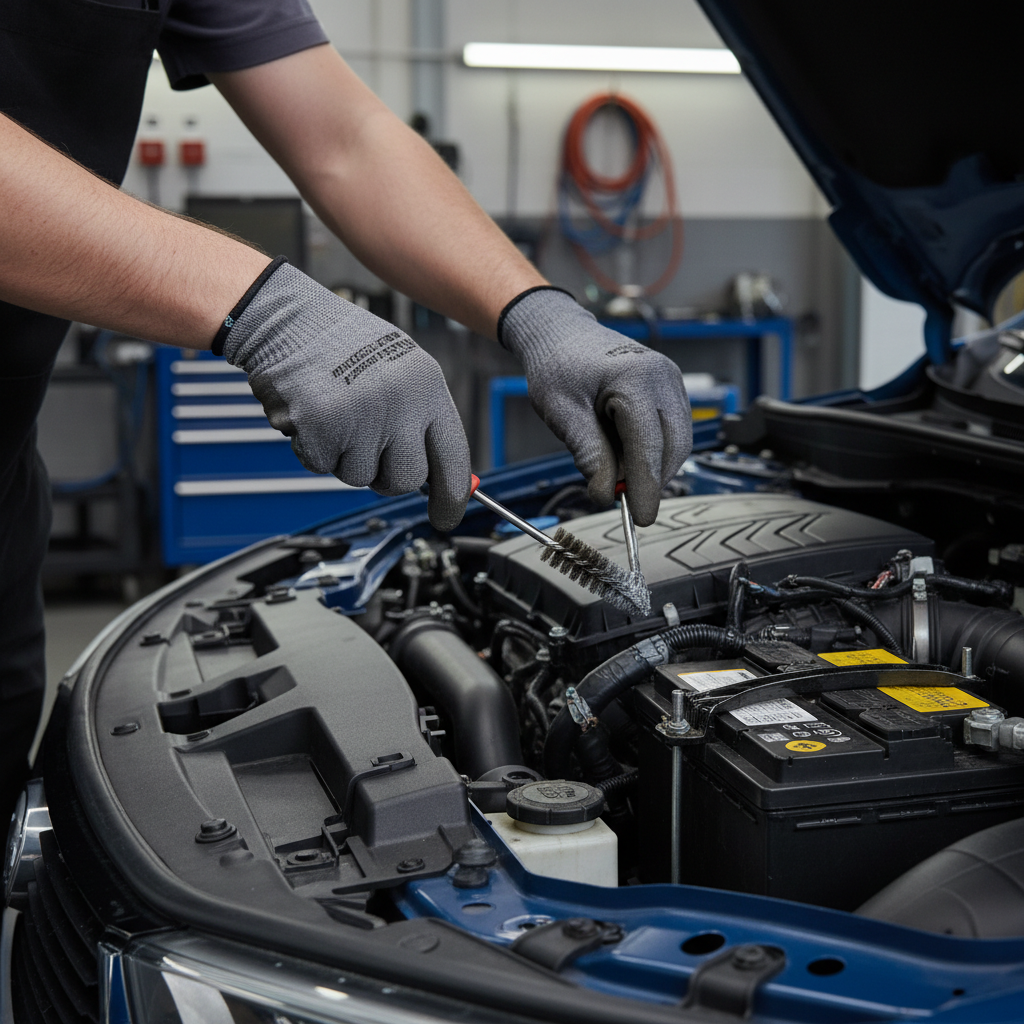 Mechanic brushing battery terminal post for clean metal contact