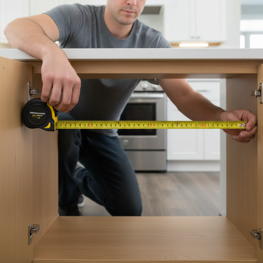 DIYer measuring inside cabinet width using tape measure case length for accurate inside measurements
