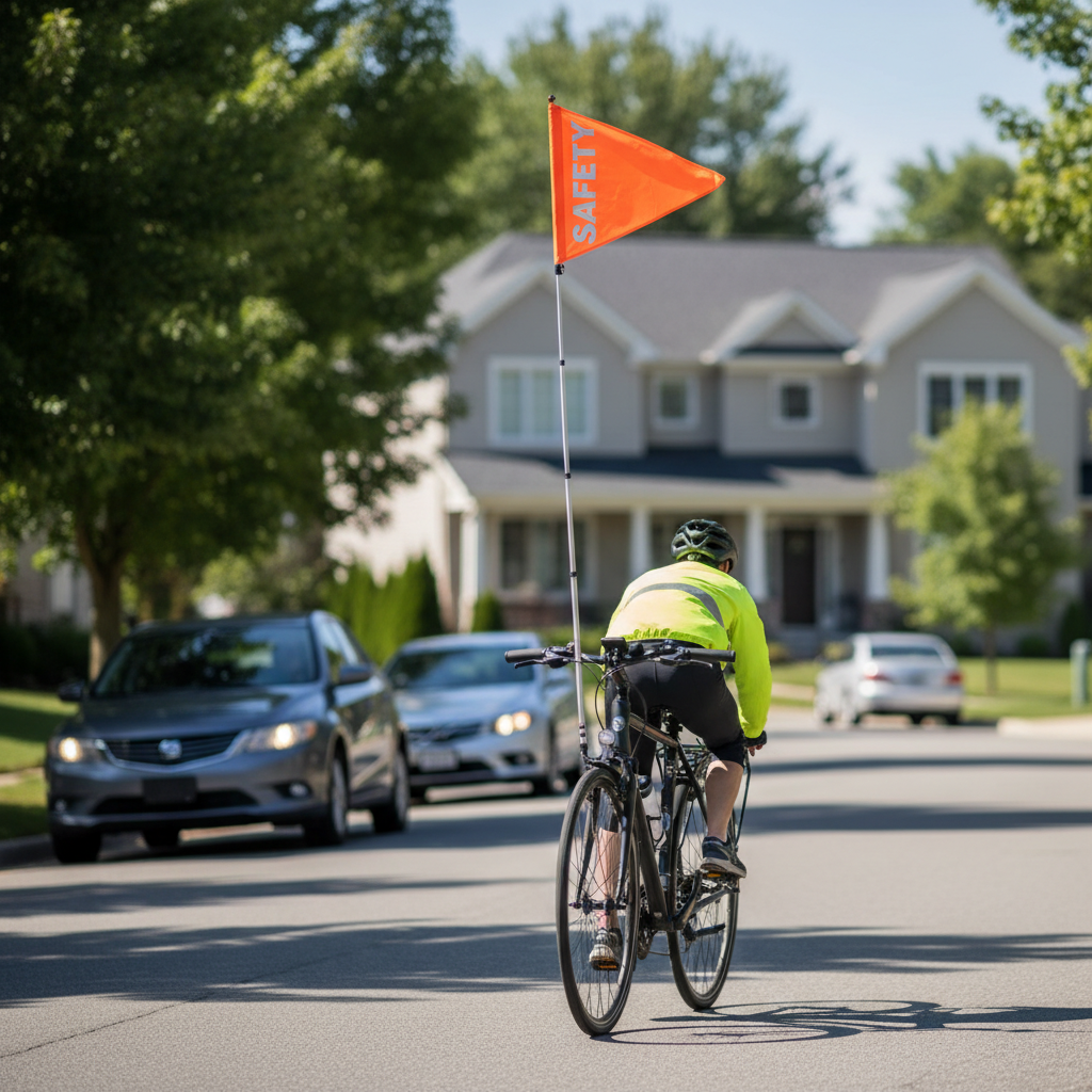 Bike safety flag mounted on a commuter bike for visibility in traffic