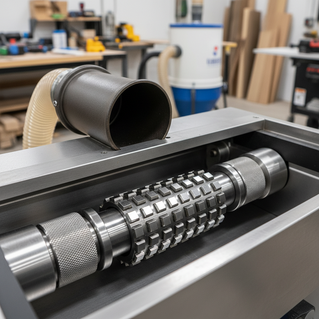 Close-up of a thickness planer cutterhead and dust collection port in a woodworking shop