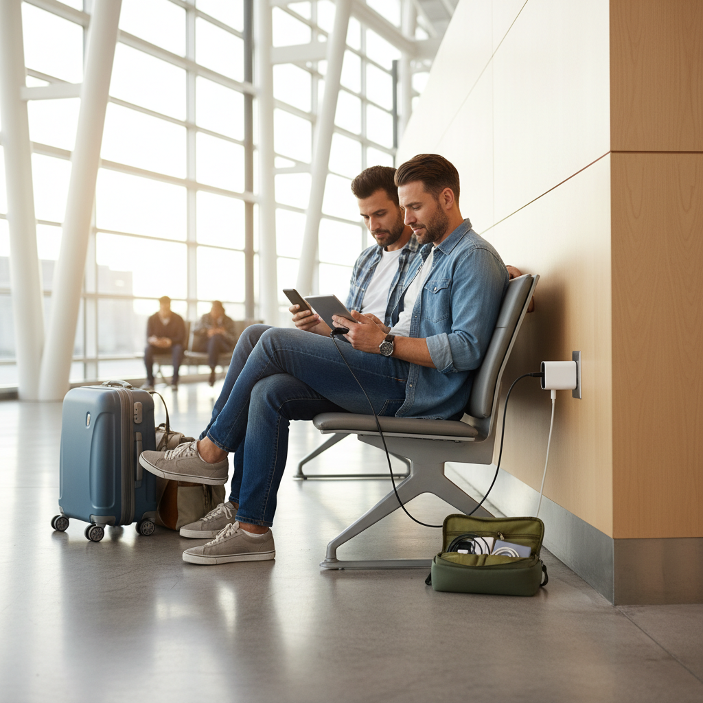 Couple using a compact charger and tech organizer at an airport gate in 2026