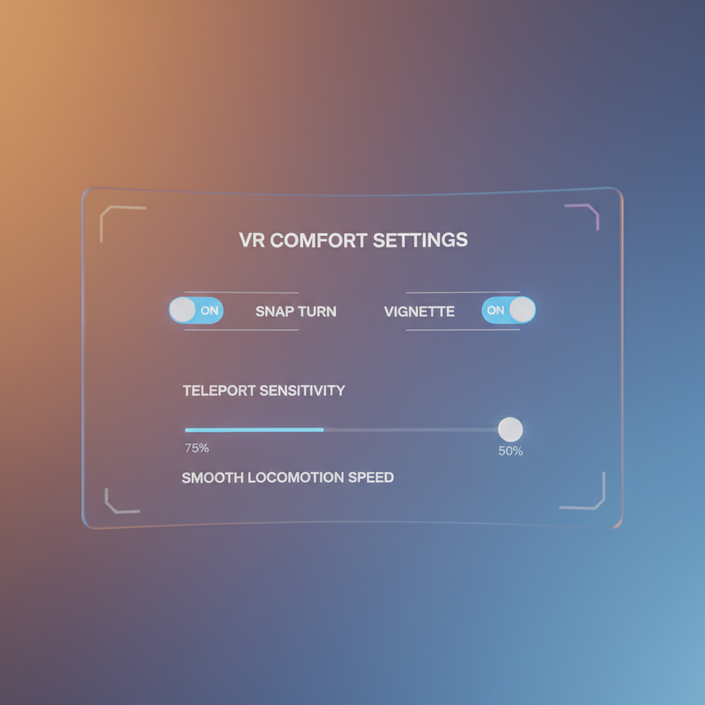 VR comfort settings menu showing snap turn and vignette options