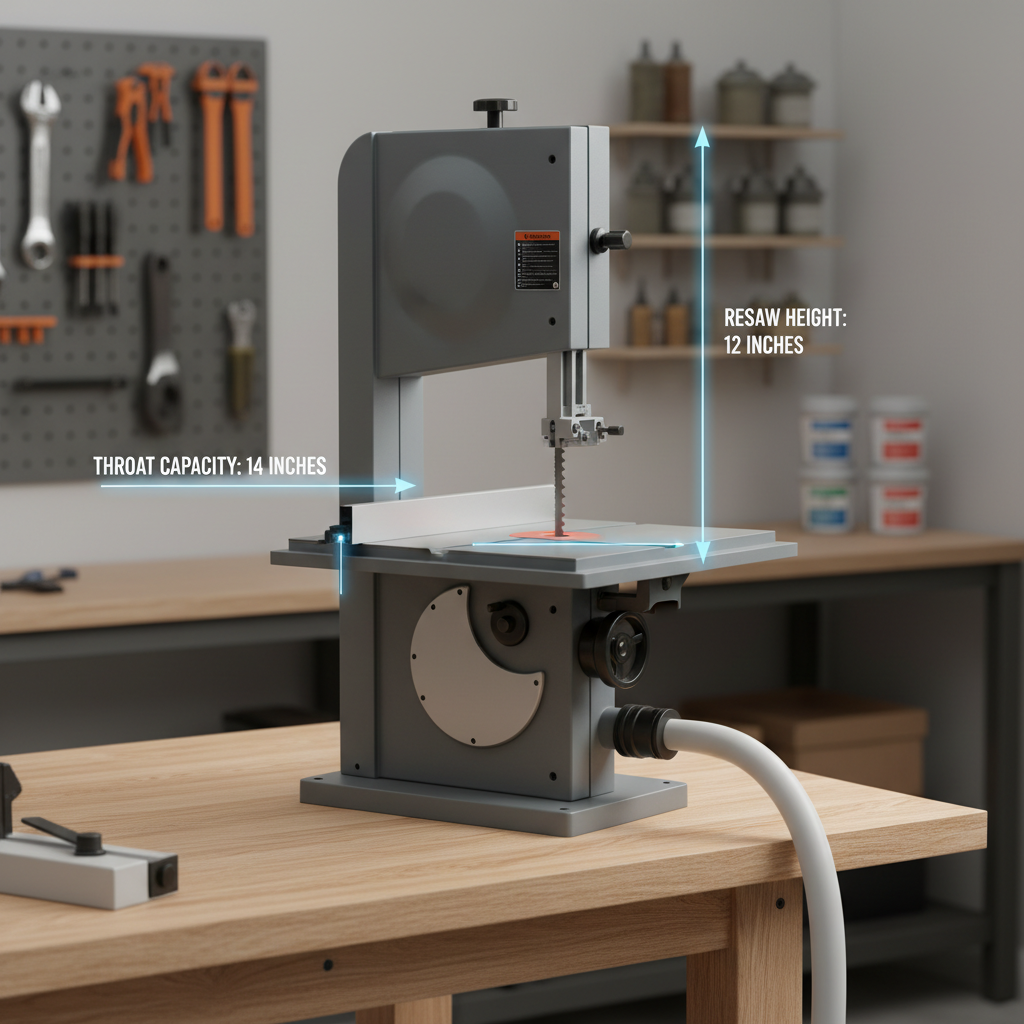 Band saw capacity comparison showing throat and resaw height in a home workshop