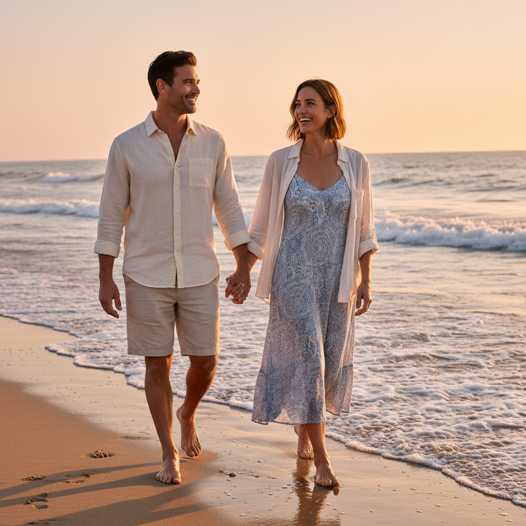Couple wearing breathable linen beach vacation outfits walking near the shoreline at sunset