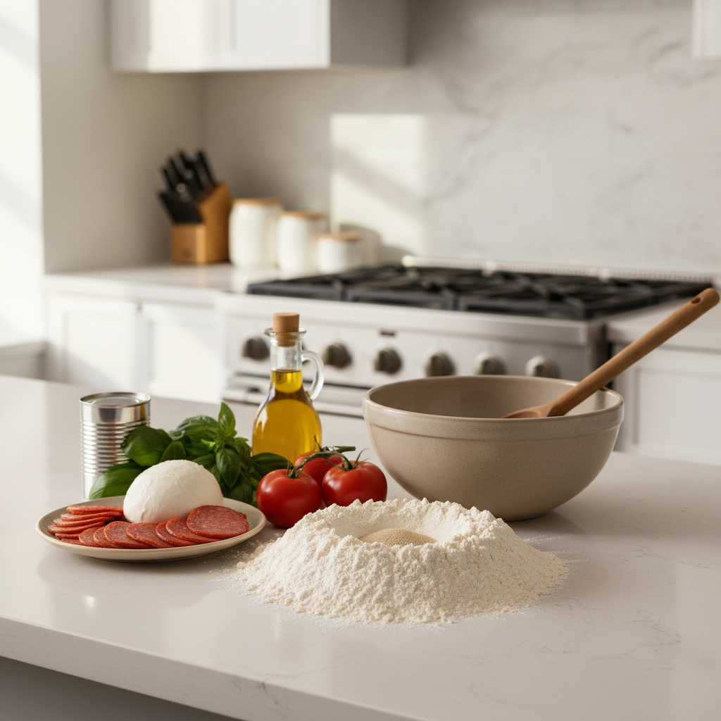 Easy homemade pizza ingredients on a kitchen counter