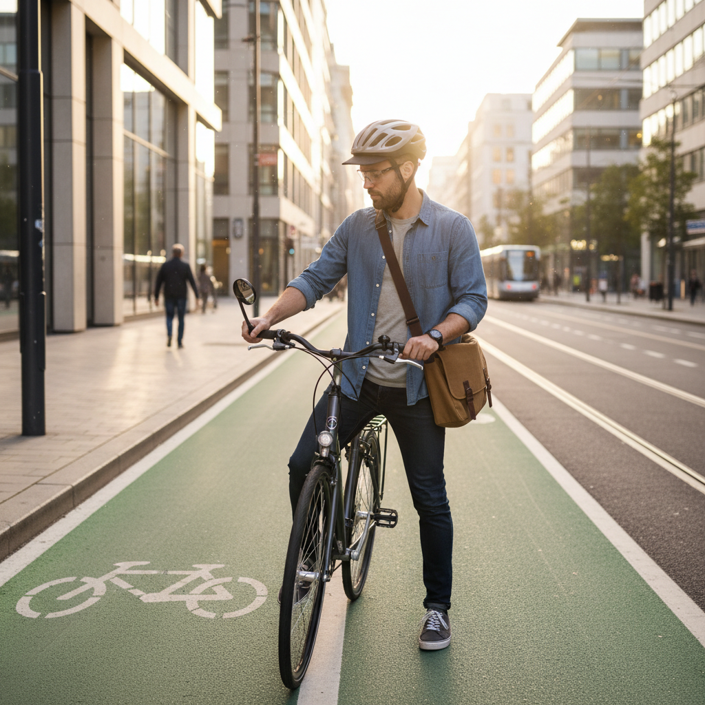 Cyclist adjusting a handlebar mirror before riding on a bike lane
