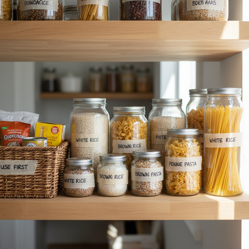 Labeled jars and a “use first” basket on a pantry shelf for preventing food waste