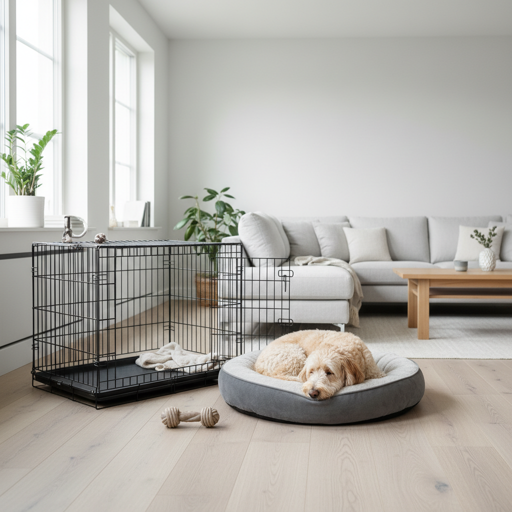 Dog relaxing calmly at home alone near a crate and chew toy