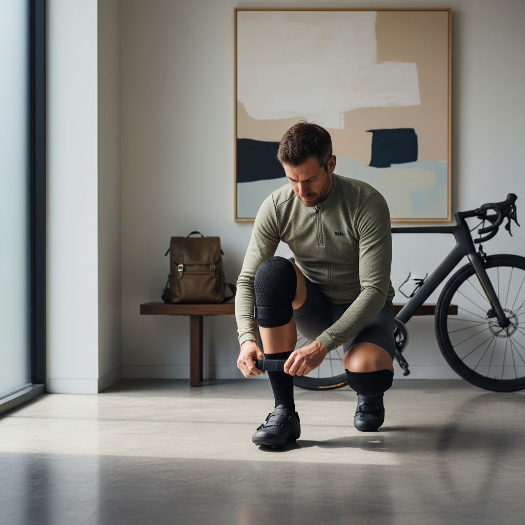 Cyclist checking cycling knee pad position and comfort at home before a ride