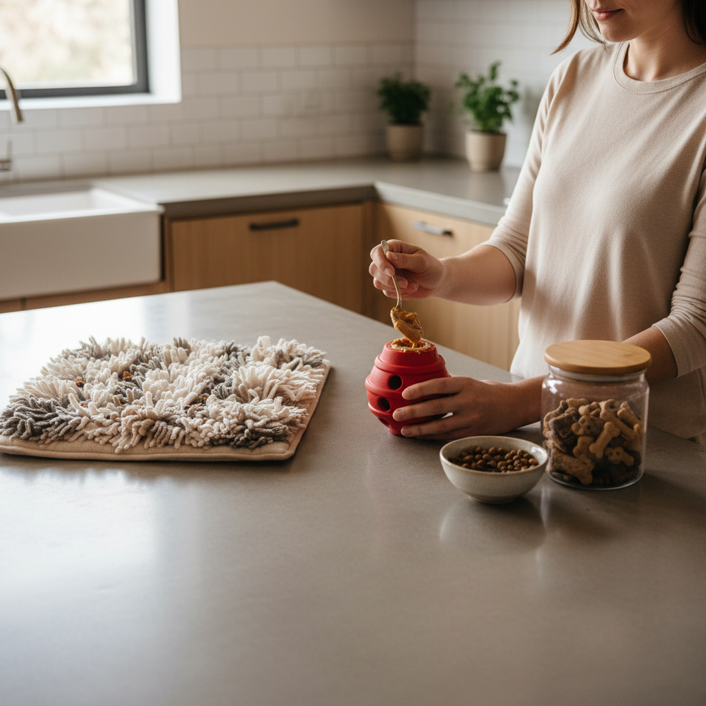 Owner preparing enrichment toys and treats for a dog